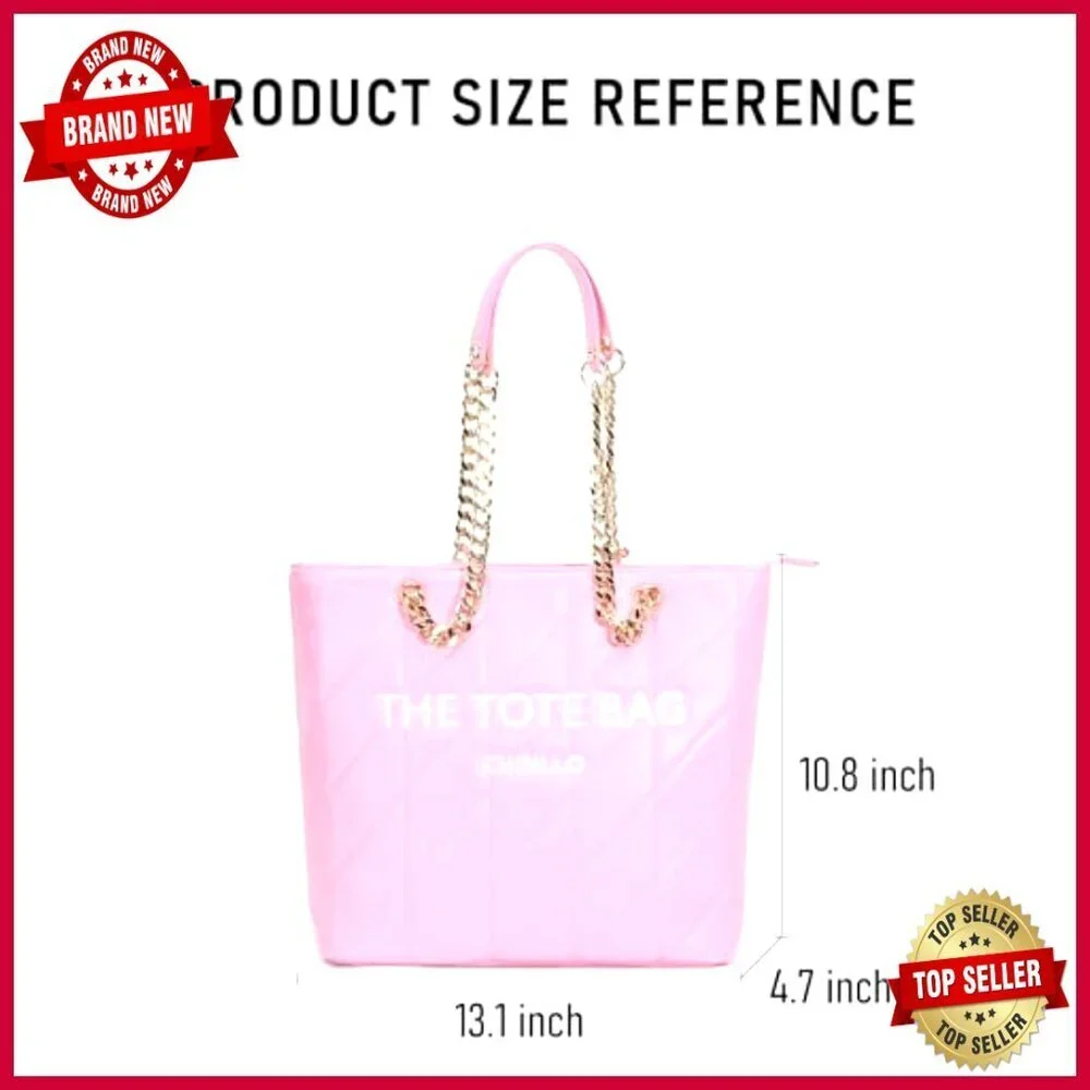 Large PU Leather Tote Bag with Zipper Compartments and Chain Strap